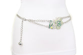 Silver Metal Chain F Belt Hip Waist Green Flower Charm XS S M